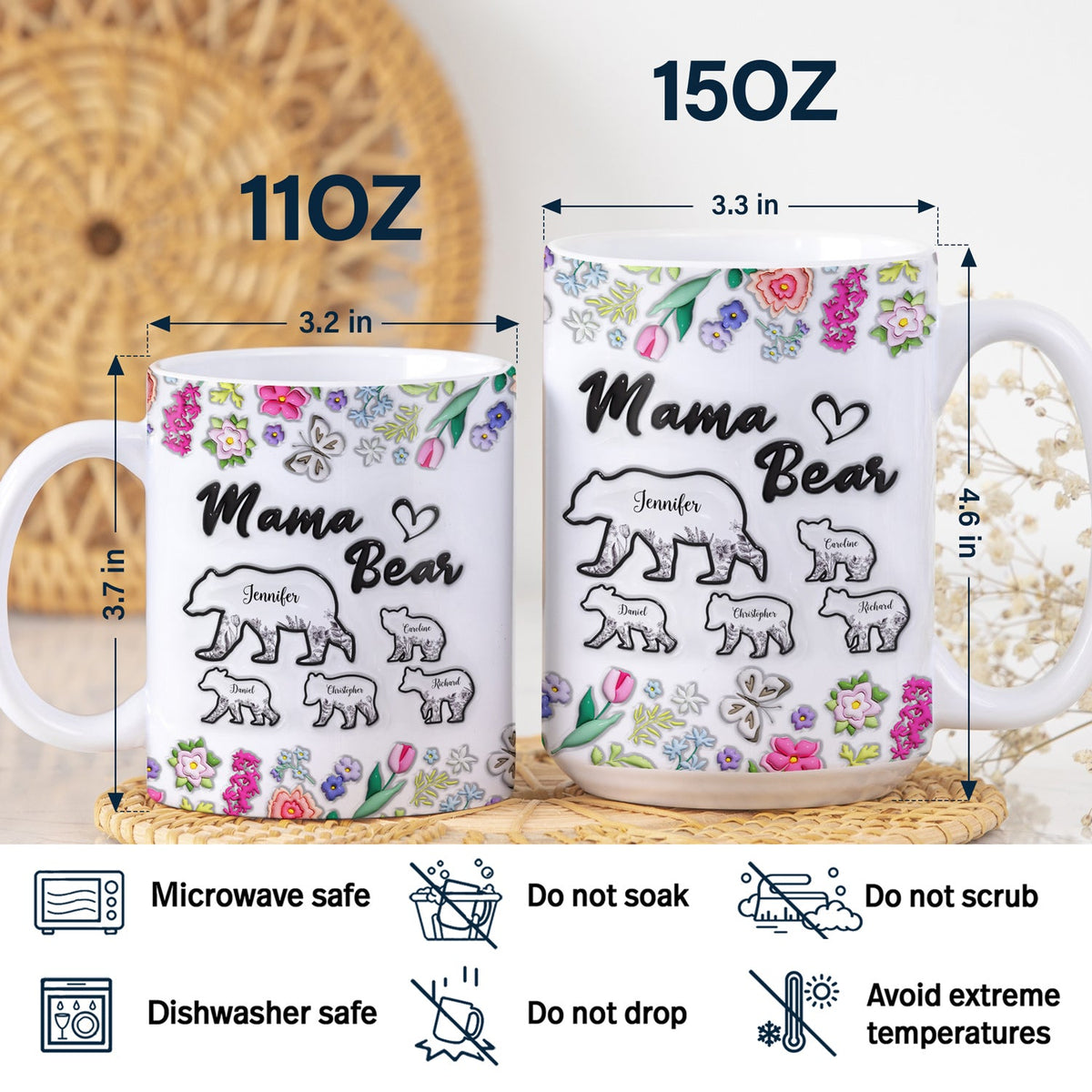 Floral Mama Bear - Gift For Mother - 3D Inflated Effect Printed Mug, Personalized White Edge-to-Edge Mug
