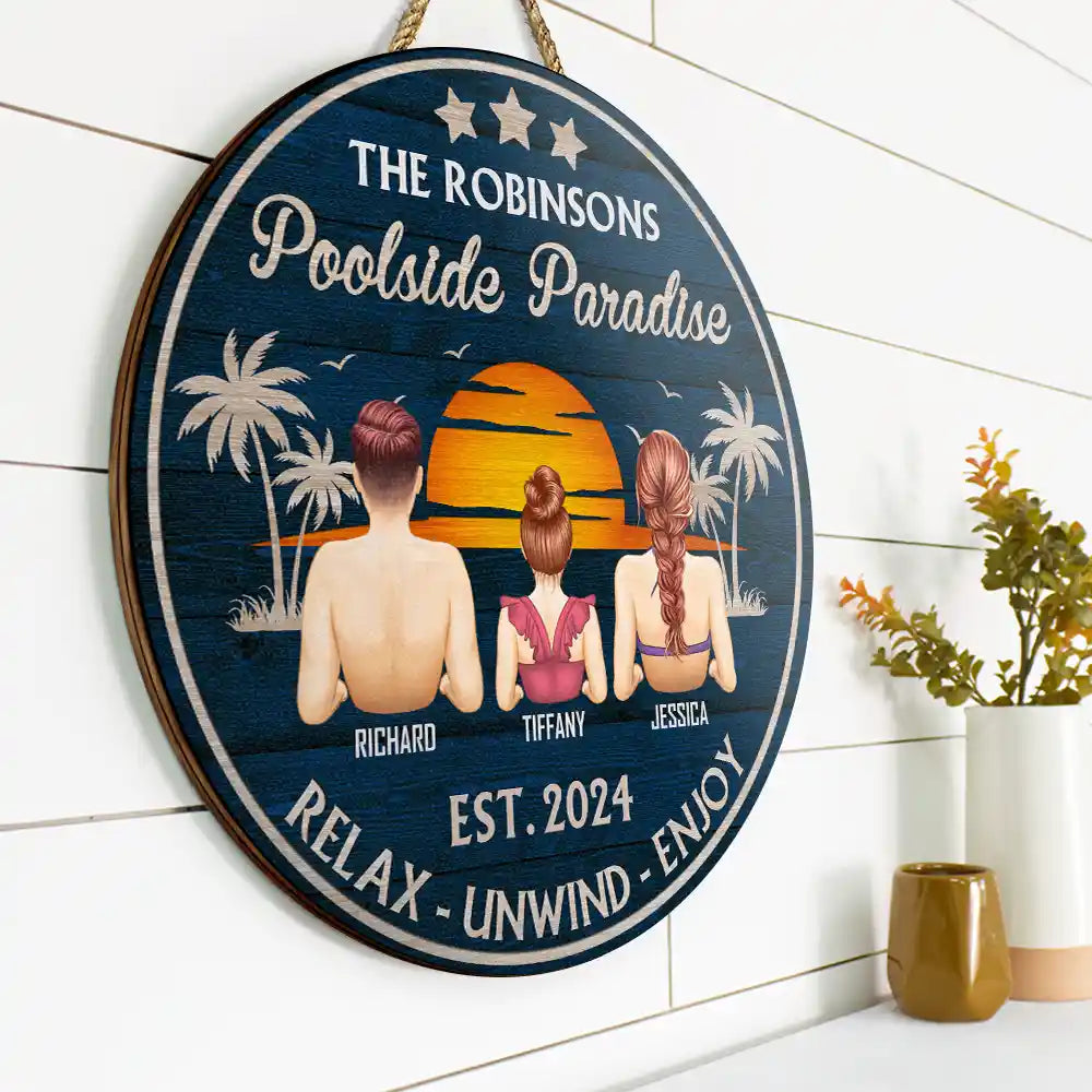 Poolside Paradise Family - Personalized Wood Circle Sign