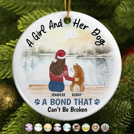 A Girl & Her Dog A Bond That Can't Be Broken - Personalized Circle Ceramic Ornament