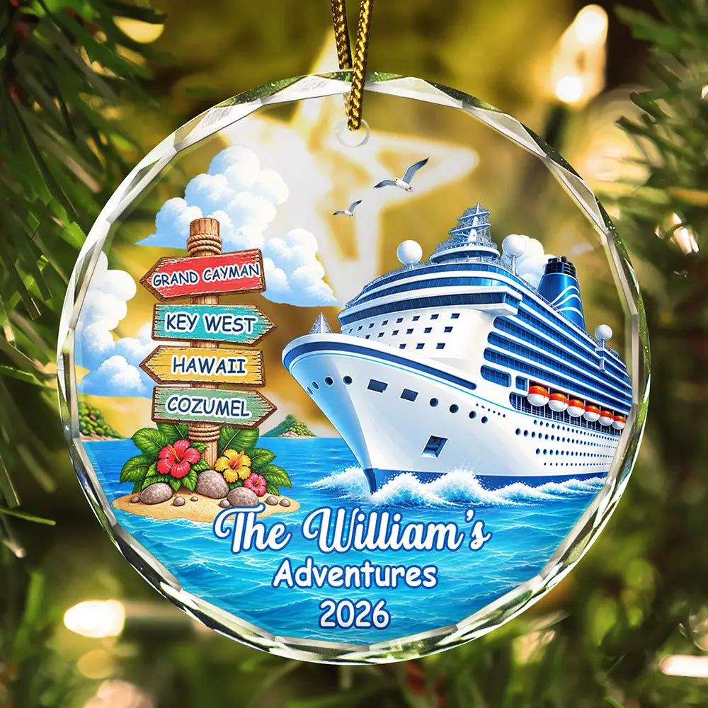 Family Adventure Cruise Trip Travel - Personalized Circle Glass Ornament