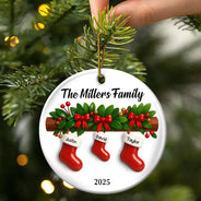 Family,Pet Lovers,Pet Mom,Pet Dad,Pet Couple,Dog Lovers,Dog Couple,Dog Mom,Dog Dad,Cat Lovers,Cat Mom,Cat Dad,Cat Couple,Happy,Christmas,Gift For Women,Gift For Men - Family Christmas Stockings Ceramic Effect - Personalized Circle Ceramic Ornament