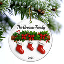 Family,Pet Lovers,Pet Mom,Pet Dad,Pet Couple,Dog Lovers,Dog Couple,Dog Mom,Dog Dad,Cat Lovers,Cat Mom,Cat Dad,Cat Couple,Happy,Christmas,Gift For Women,Gift For Men - Family Christmas Stockings Ceramic Effect - Personalized Circle Ceramic Ornament