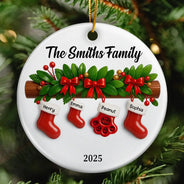 Family,Pet Lovers,Pet Mom,Pet Dad,Pet Couple,Dog Lovers,Dog Couple,Dog Mom,Dog Dad,Cat Lovers,Cat Mom,Cat Dad,Cat Couple,Happy,Christmas,Gift For Women,Gift For Men - Family Christmas Stockings Ceramic Effect - Personalized Circle Ceramic Ornament