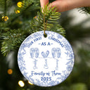Christmas, New Dad, New baby, New Mom, Happy - Family Footprint One Line Art First Christmas As A Family Of Three Toile Pattern - Personalized Circle Ceramic Ornament