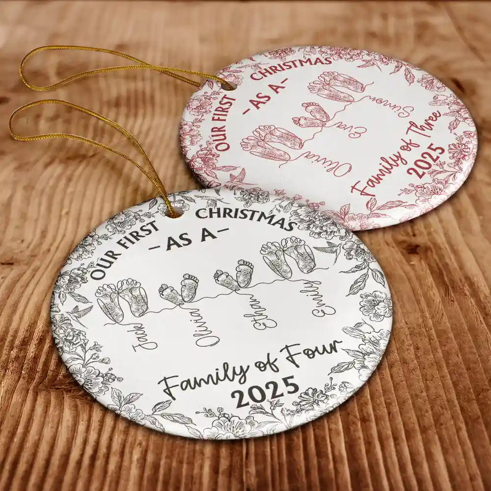Christmas, New Dad, New baby, New Mom, Happy - Family Footprint One Line Art First Christmas As A Family Of Three Toile Pattern - Personalized Circle Ceramic Ornament