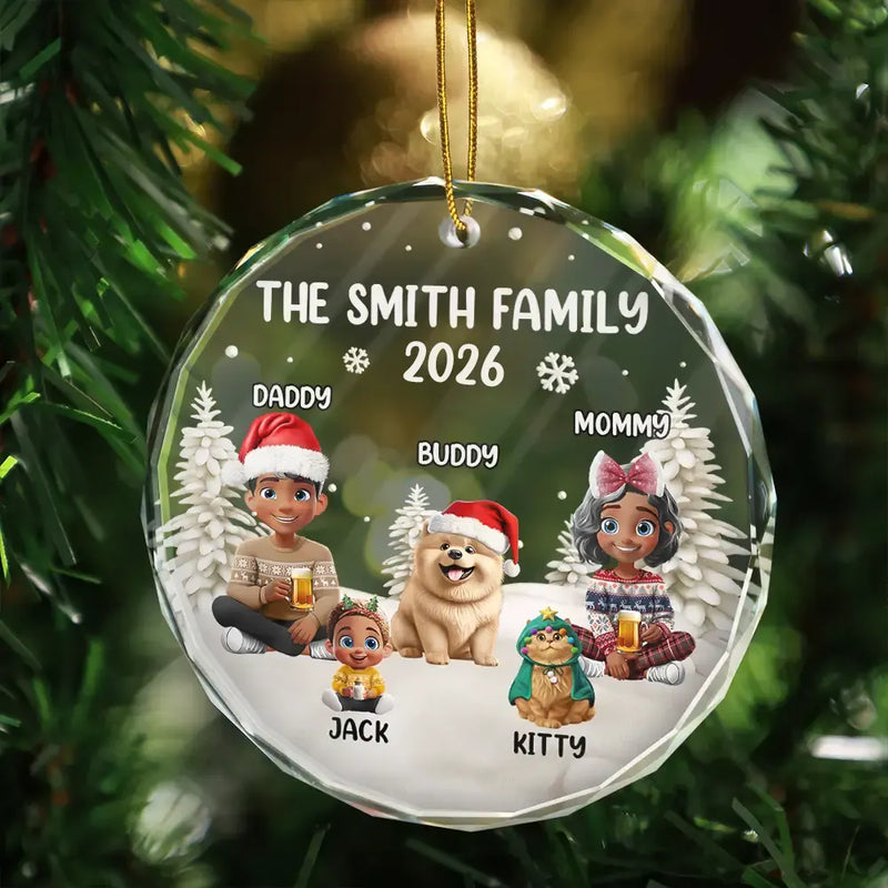 Family Kid Dog Cat - Personalized Circle Glass Ornament