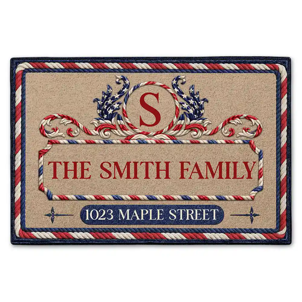 Independence Day,America 250th,Family,Happy - Family Monogram With Address Stars & Stripes - Personalized Doormat