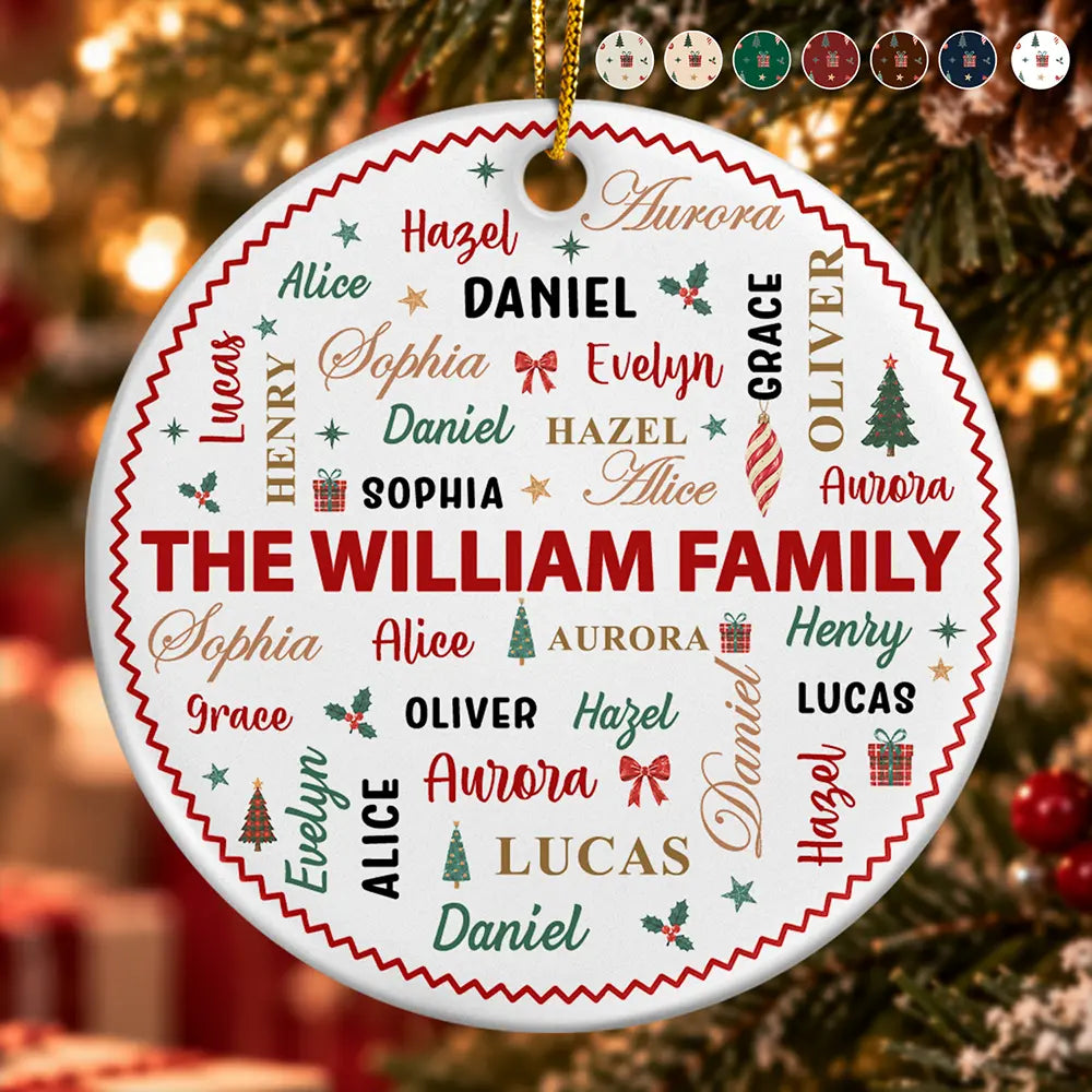 Christmas,Family,Custom Text,Happy - Family Name Christmas Pattern - Personalized Ceramic Ornament