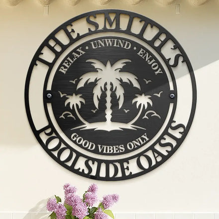 Family Name Poolside Oasis - Personalized Cutout Metal Sign