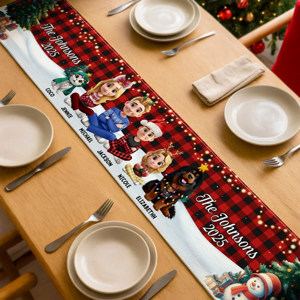 Family, Parents, Gift For Grandparents, Happy, Christmas,Top Market-Family Sitting Christmas Plaid Pattern - Personalized Table Runner