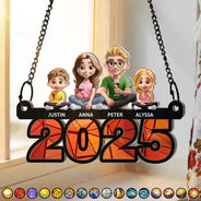 Family,Happy - Family Sitting On Year 3D Effect - Personalized Window Hanging Suncatcher Ornament