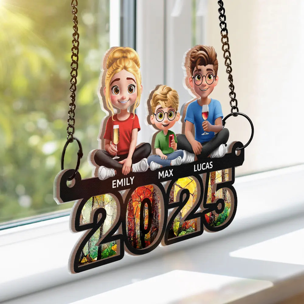 Family,Happy - Family Sitting On Year 3D Effect - Personalized Window Hanging Suncatcher Ornament