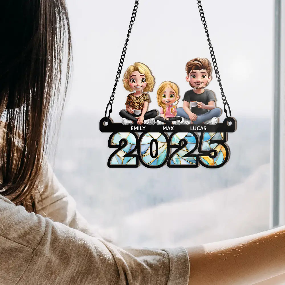 Family,Happy - Family Sitting On Year 3D Effect - Personalized Window Hanging Suncatcher Ornament