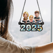 Family,Happy - Family Sitting On Year 3D Effect - Personalized Window Hanging Suncatcher Ornament