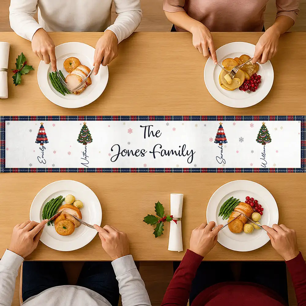 Sentimental,America 250th,Christmas,Family,Icon - Family Stars & Stripes Christmas Trees - Personalized Table Runner