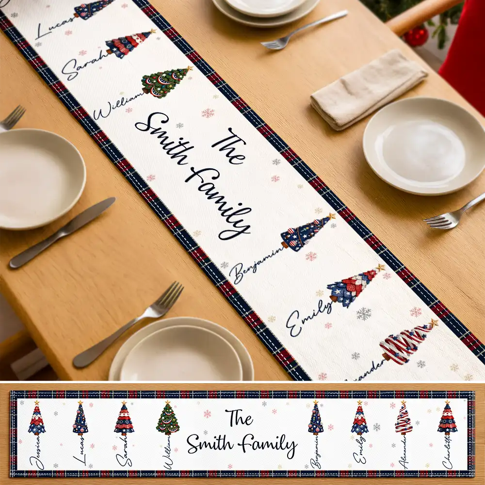 Sentimental,America 250th,Christmas,Family,Icon - Family Stars & Stripes Christmas Trees - Personalized Table Runner