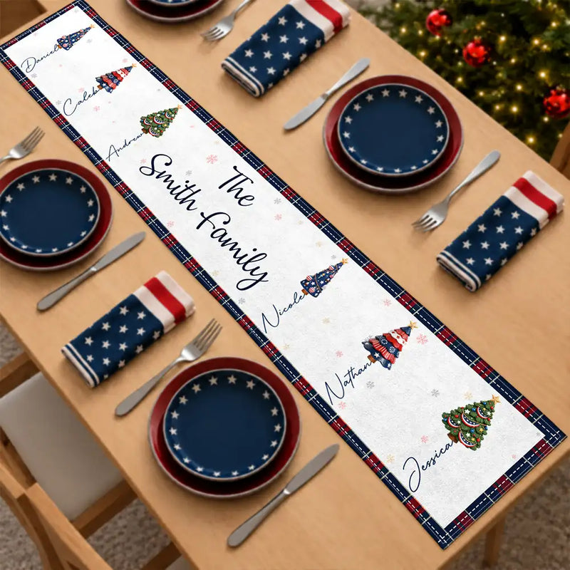 Sentimental,America 250th,Christmas,Family,Icon - Family Stars & Stripes Christmas Trees - Personalized Table Runner