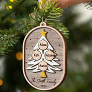 Christmas, Family, Happy - Family Tree Ornamnet - Personalized 2-Layered Wooden Ornament