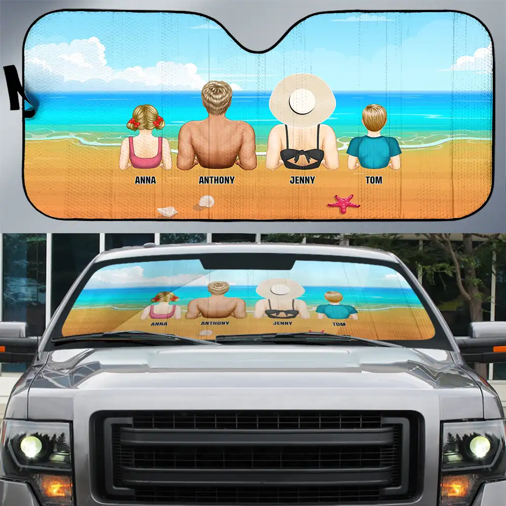 Gift For Couples,Family,Gift For Husband,Gift For Wife,Gift For Men,Gift For Women,Single Dad,Single Mom,Pet Lovers,Pet Mom,Pet Dad,Pet Couple,Beach,Summer - Family Vacation - Personalized Auto Sunshade