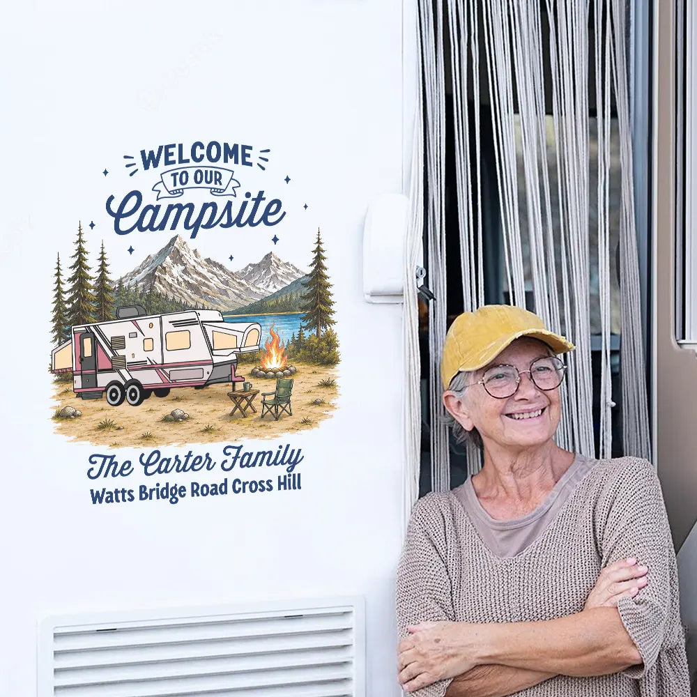 Summer, Camping, Family, Cozy, Icon - Family Welcome To Our Campsite - Personalized Decor Decal