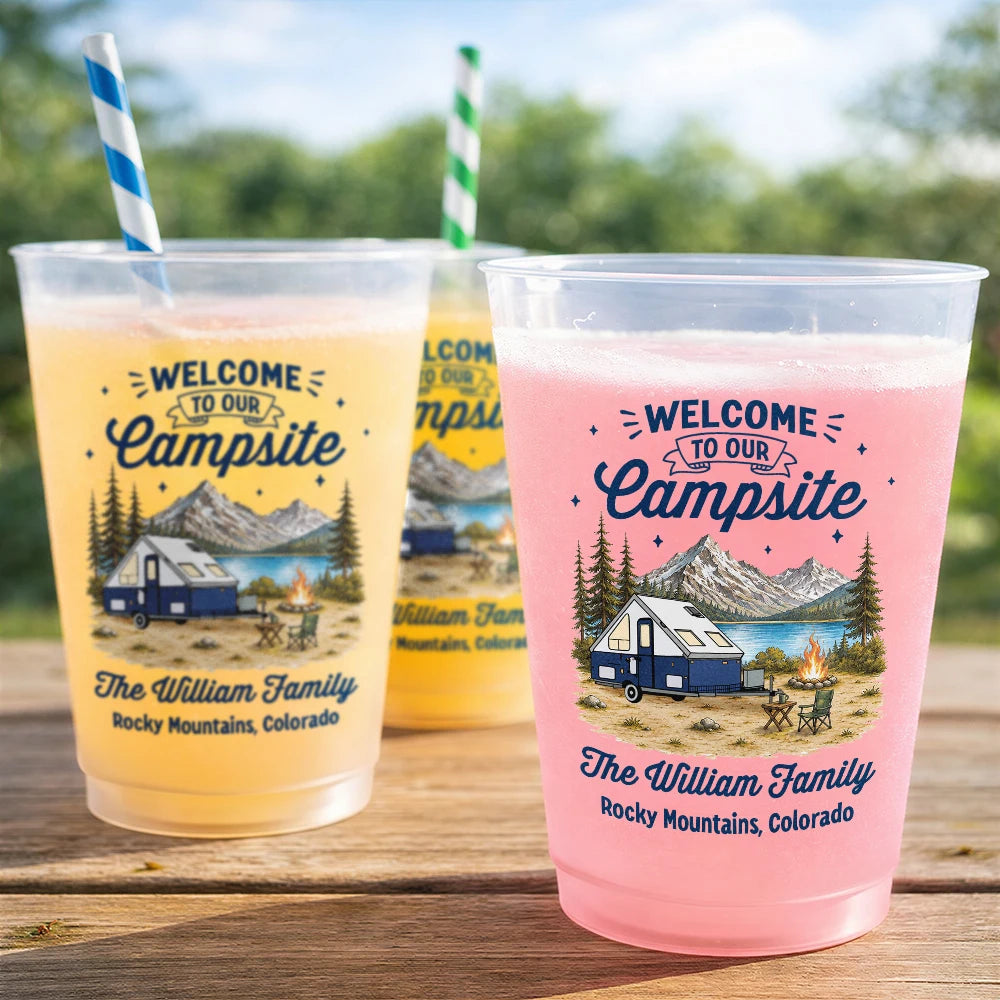Summer, Top Market, Camping, Family, Cozy, Icon - Family Welcome To Our Campsite - Personalized Frosted Cups