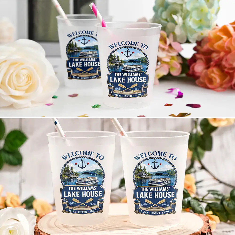 Family,Summer,Outdoor Decor,Lake,Custom Text,Happy - Family Welcome To Our Lake House Relax Unwind Enjoy - Personalized Frosted Cups