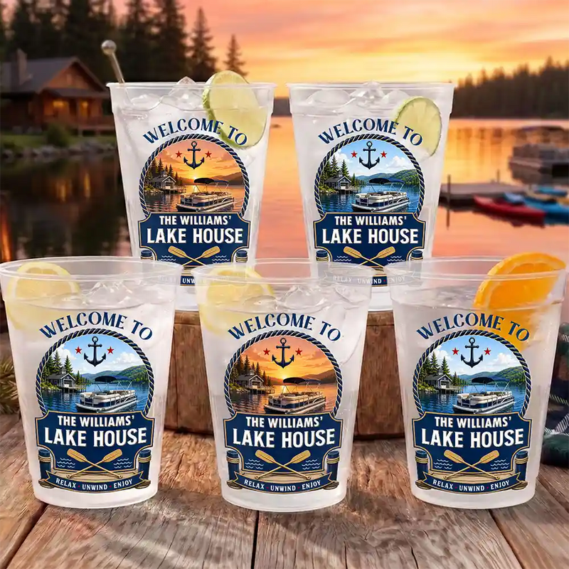 Family,Summer,Outdoor Decor,Lake,Custom Text,Happy - Family Welcome To Our Lake House Relax Unwind Enjoy - Personalized Frosted Cups