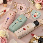 Gift For Women, Gift For Wife, Gift For Girlfriend, Love - Fancy Girl Woman Bloom In Love - Personalized Leather Lipstick Case Keychain With Mirror