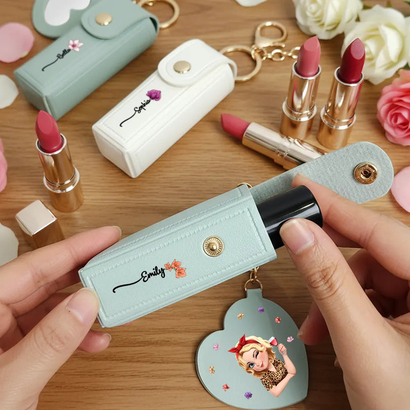 Gift For Women, Gift For Wife, Gift For Girlfriend, Love - Fancy Girl Woman Bloom In Love - Personalized Leather Lipstick Case Keychain With Mirror