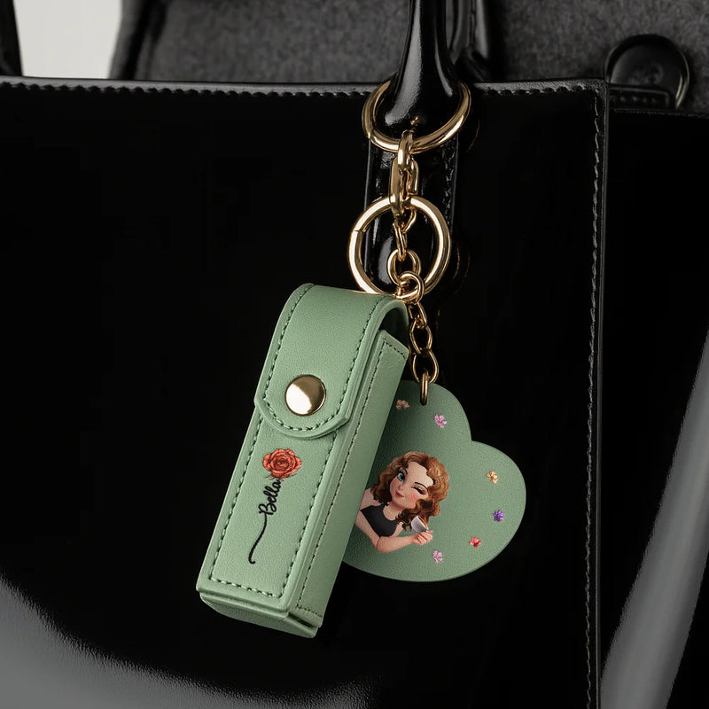 Gift For Women, Gift For Wife, Gift For Girlfriend, Love - Fancy Girl Woman Bloom In Love - Personalized Leather Lipstick Case Keychain With Mirror