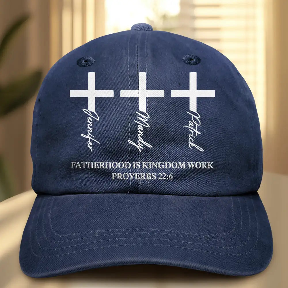 Fatherhood Is Kingdom Work Cross And Name - Personalized Vintage Washed Denim Cap