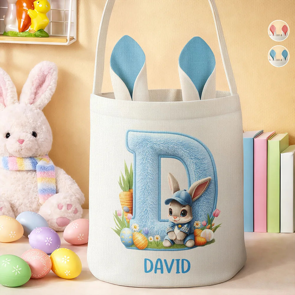 Easter,Gift For Kids,Grandma - Grandkids,Gift For Grandkids,Grandpa - Grandkids,Dad - Children,Mom - Children,Happy - Faux Chenille Bunny Alphabet Letters - Personalized Bunny Ears Bucket Bag