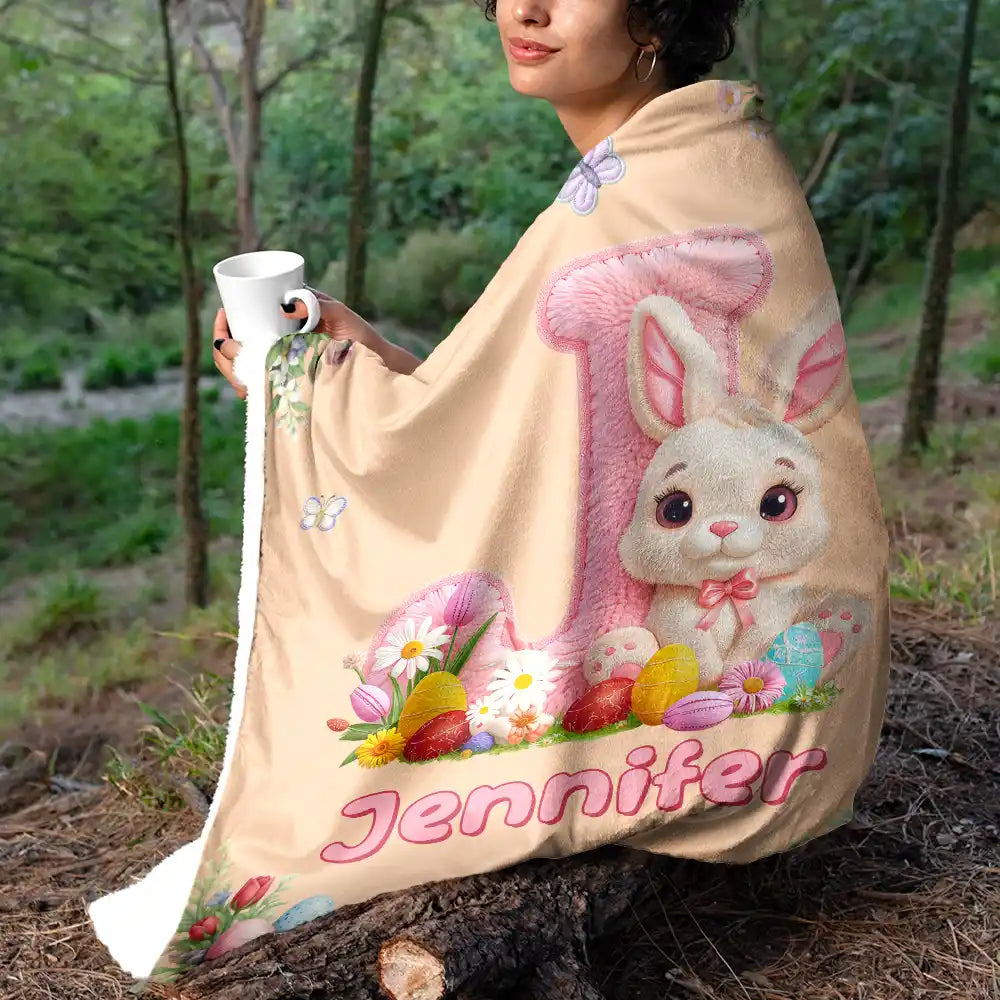 Easter,Non-Eng,Gift For Kids,Gift For Grandkids,Grandma - Grandkids,Grandpa - Grandkids,Dad - Children,Mom - Children,Happy - Faux Chenille Bunny Alphabet Letters - Personalized Fleece Blanket, Sherpa Blanket
