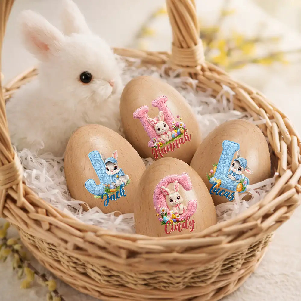 Easter,Non-Eng,Gift For Kids,Gift For Grandkids,Grandma - Grandkids,Grandpa - Grandkids,Dad - Children,Mom - Children,Happy - Faux Embroidery Effect Chenille Bunny Alphabet Letters - Personalized Musical Wooden Easter Egg Shaker
