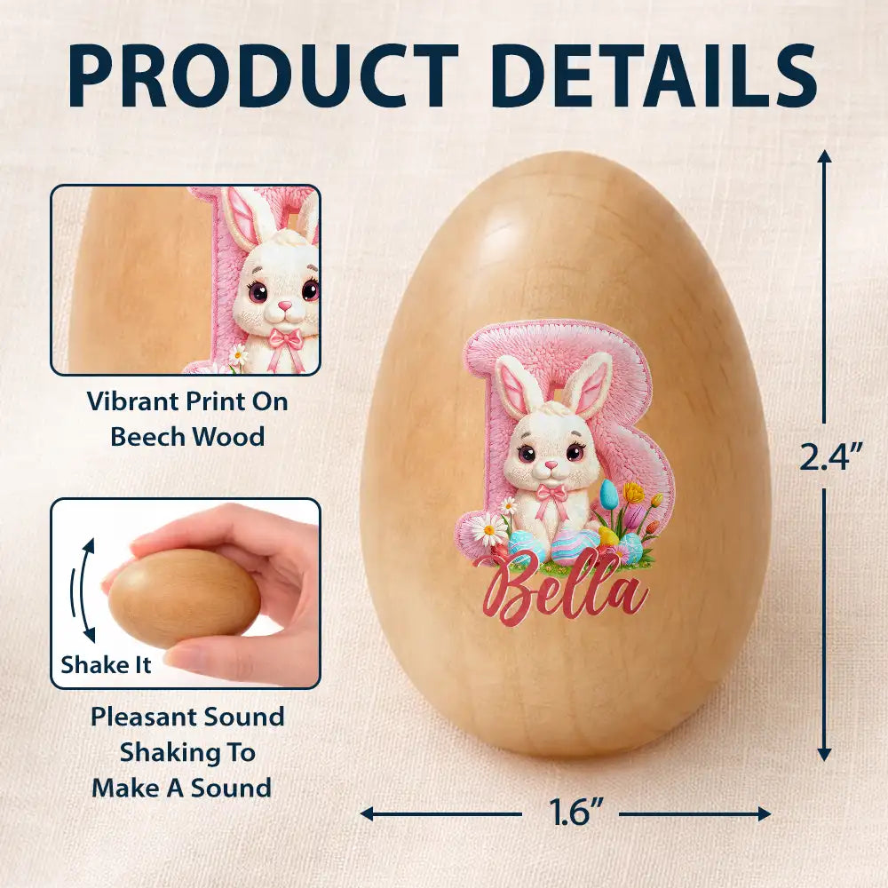 Easter,Non-Eng,Gift For Kids,Gift For Grandkids,Grandma - Grandkids,Grandpa - Grandkids,Dad - Children,Mom - Children,Happy - Faux Embroidery Effect Chenille Bunny Alphabet Letters - Personalized Musical Wooden Easter Egg Shaker