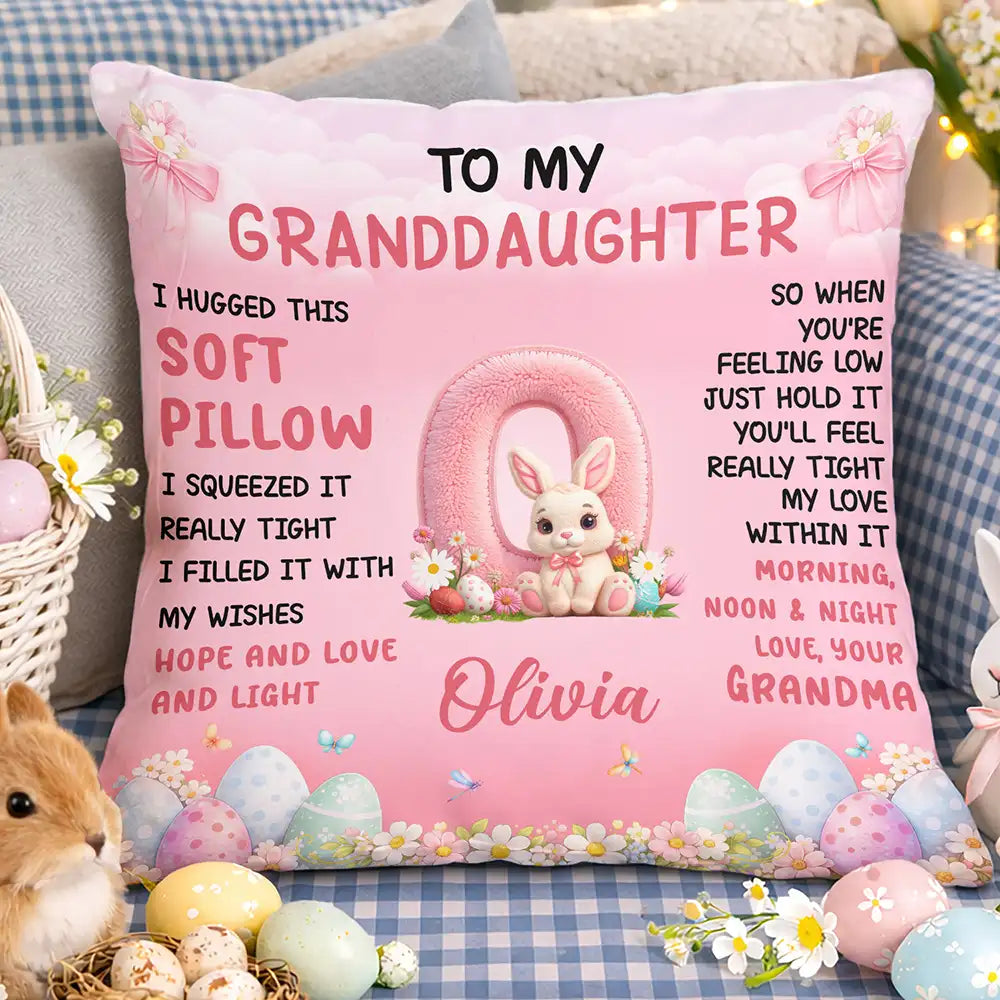 Faux Embroidered Bunny Hugging Initial Letter - Personalized Pillow