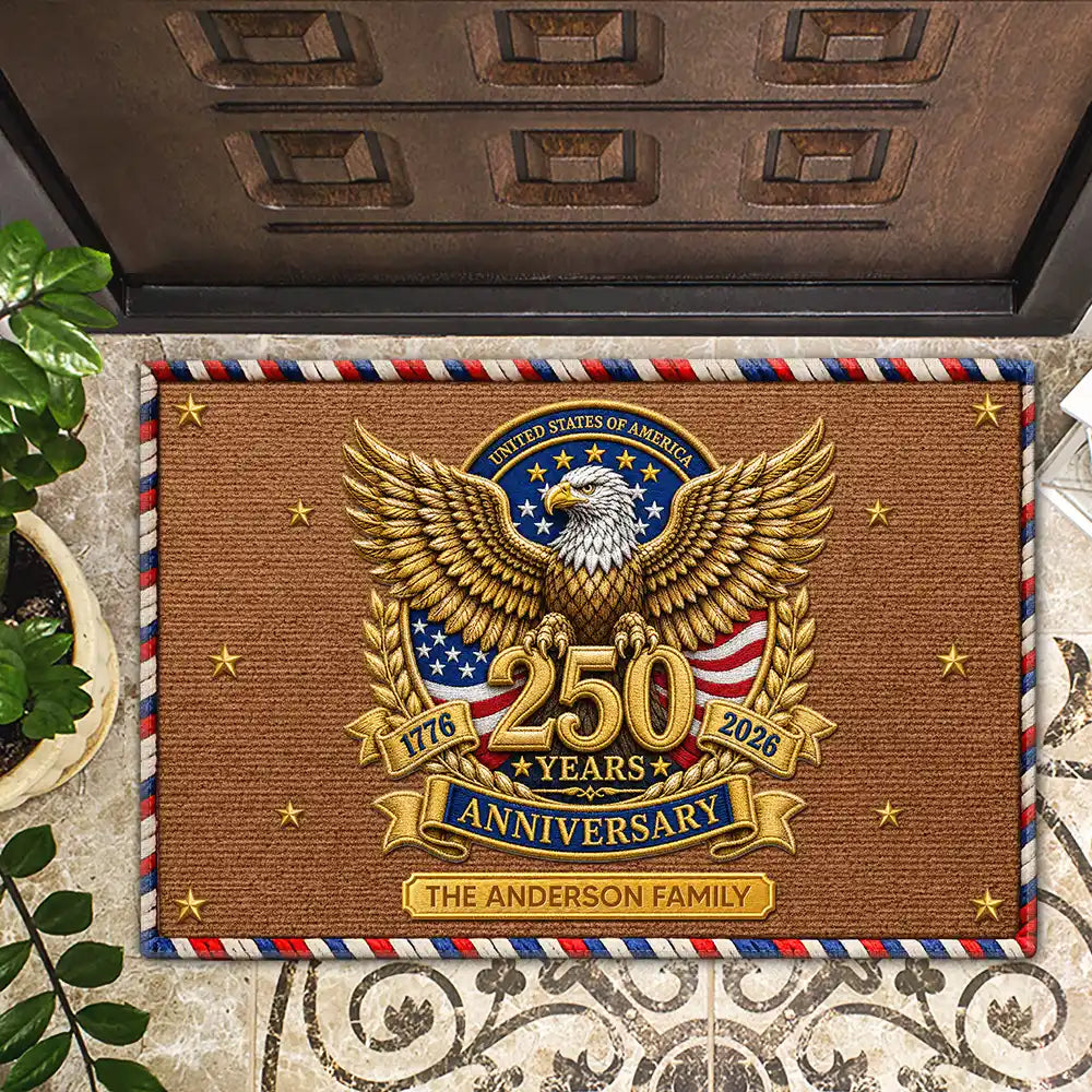 America 250th,Independence Day,Family,Proud,Icon - Faux Embroidery Effect 250 Years Of Freedom - Personalized Doormat