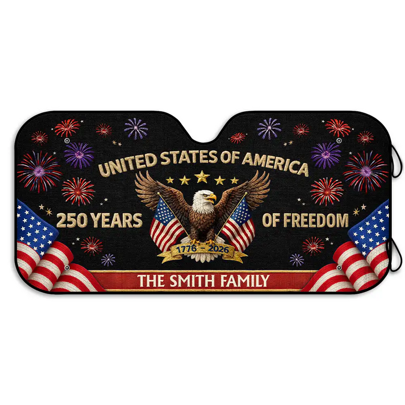 America 250th, Independence Day, Family, Proud, Custom Text - Faux Embroidery Effect America 250th Anniversary - Personalized Auto Sunshade