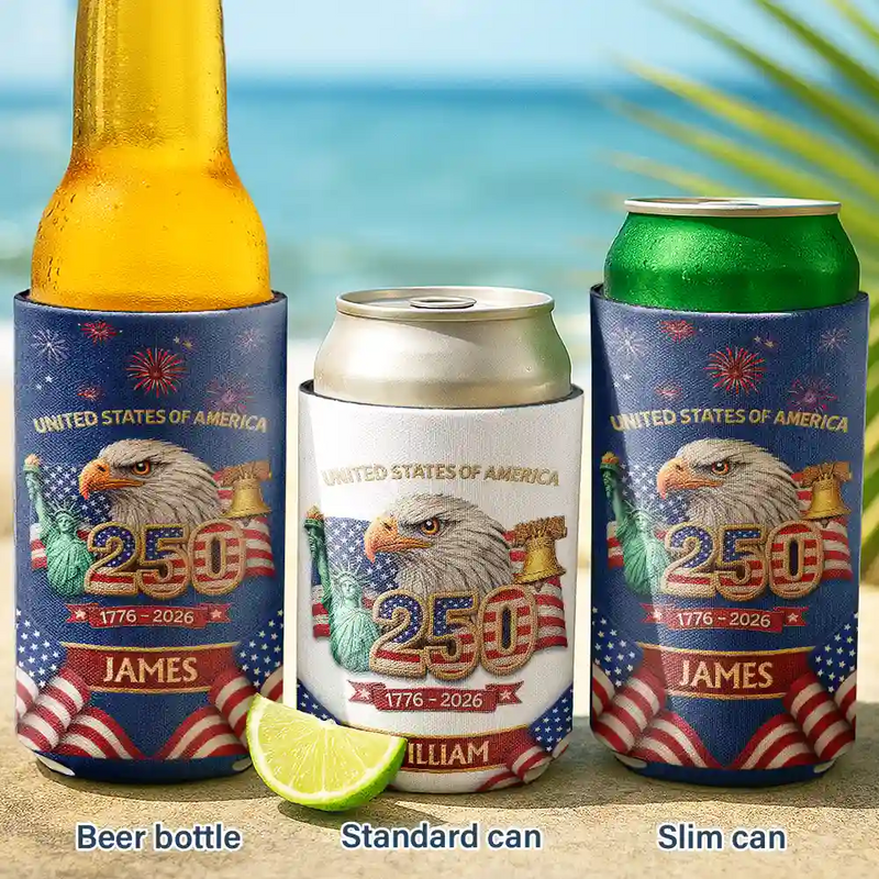 America 250th,Independence Day,Gift For Yourself,Proud,Custom Text - Faux Embroidery Effect America 250th Anniversary - Personalized Can Cooler Sleeve