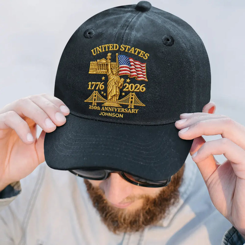 America 250th,Independence Day,Gift For Men,Gift For Yourself,Proud,Custom Text - Faux Embroidery Effect America 250th Anniversary - Personalized Vintage Washed Denim Cap