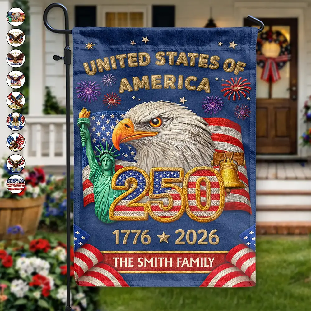 Faux Embroidery Effect America 250th Anniversary Family Name - Personalized Flag