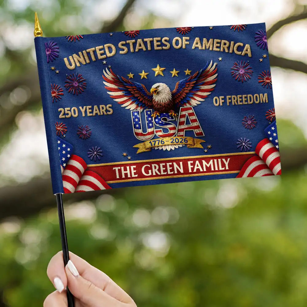 America 250th,Independence Day,Family,Proud,Custom Text - Faux Embroidery Effect America 250th Anniversary Family Name - Personalized Handheld Flag