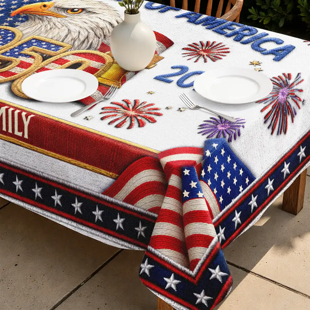 Independence Day,America 250th,Family,Proud - Faux Embroidery Effect America 250th Anniversary Family Name - Personalized Tablecloth