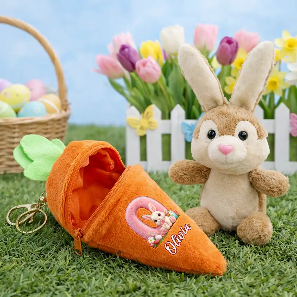 Easter,Happy,Gift For Kids,Dad - Children,Mom - Children,Grandpa - Grandkids,Grandma - Grandkids,Gift For Grandkids - Faux Embroidery Effect Chenille Bunny Alphabet Letters - Personalized Plush Reversible Carrot Bunny Keychain