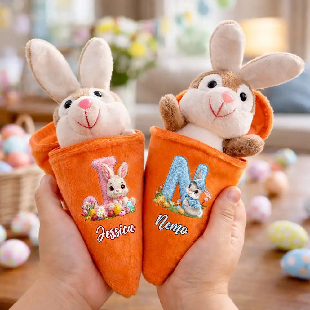 Easter,Happy,Gift For Kids,Dad - Children,Mom - Children,Grandpa - Grandkids,Grandma - Grandkids,Gift For Grandkids - Faux Embroidery Effect Chenille Bunny Alphabet Letters - Personalized Plush Reversible Carrot Bunny Keychain