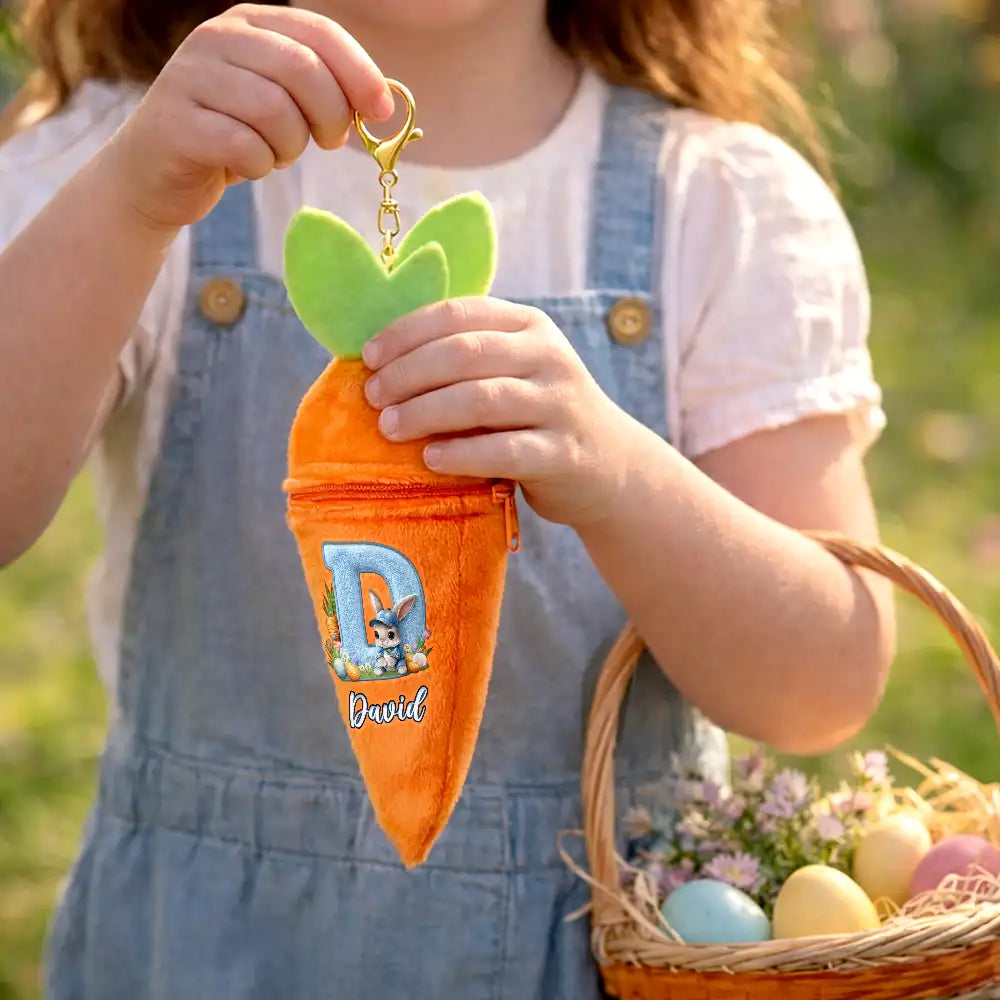 Easter,Happy,Gift For Kids,Dad - Children,Mom - Children,Grandpa - Grandkids,Grandma - Grandkids,Gift For Grandkids - Faux Embroidery Effect Chenille Bunny Alphabet Letters - Personalized Plush Reversible Carrot Bunny Keychain