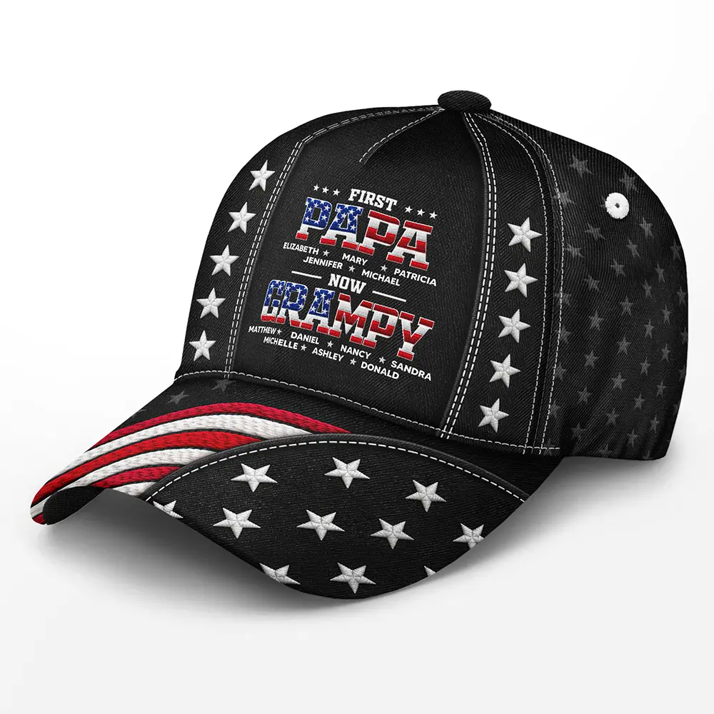 Gift For Grandpa,Gift For Father,Gift For Men,Happy,Top Market,Independence Day - Faux Embroidery Effect First Dad Now Papa - Personalized Classic Cap