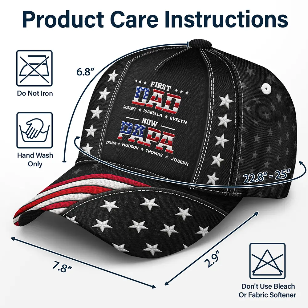 Gift For Grandpa,Gift For Father,Gift For Men,Happy,Top Market,Independence Day - Faux Embroidery Effect First Dad Now Papa - Personalized Classic Cap