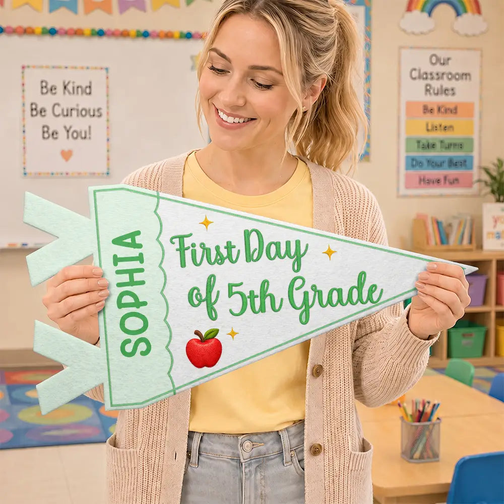 Confident,Back To School,Gift For Kids,Custom Text - Faux Embroidery Effect First Day Of School - Personalized Pennant