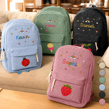 Faux Embroidery Effect Kid's Name - Personalized Corduroy Backpack